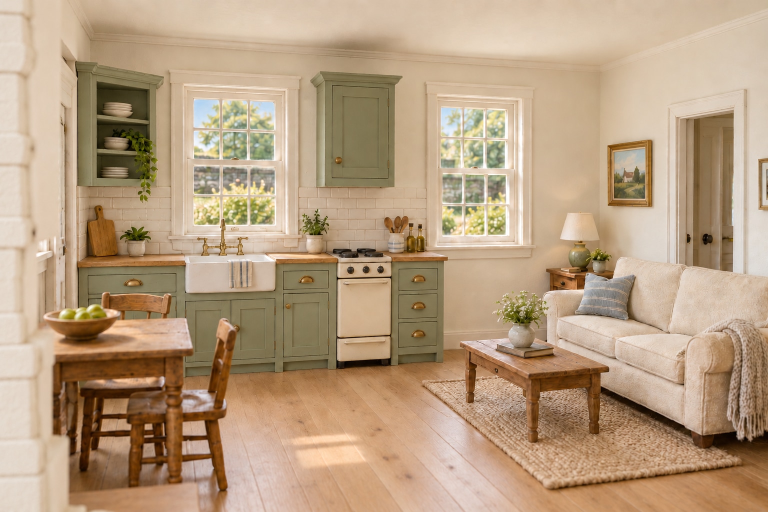 Illustrative AI design concept with warm white walls, oak flooring and sage cabinets