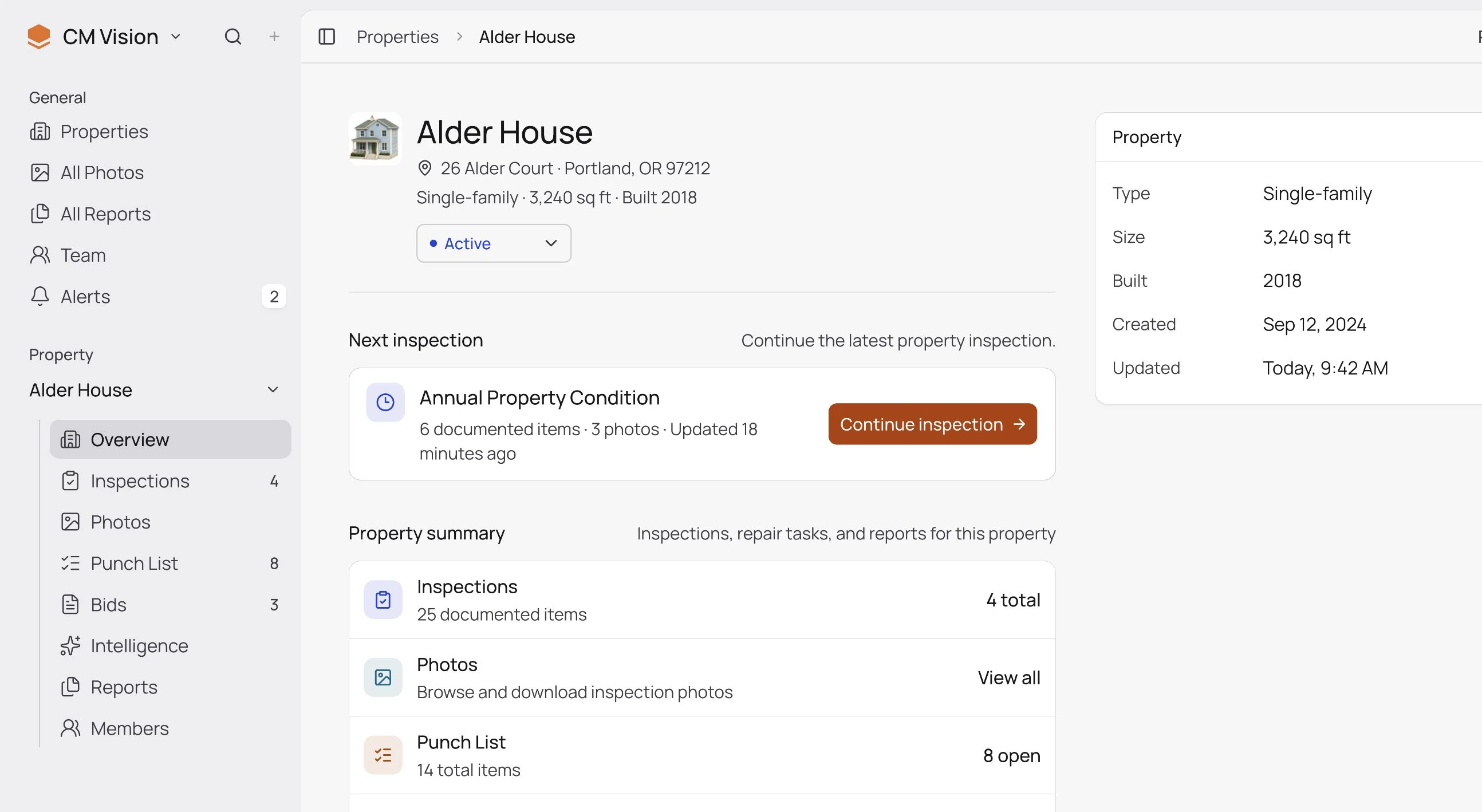 CM Vision property overview for Alder House, with saved inspections, photos, Punch List, bids, and reports.